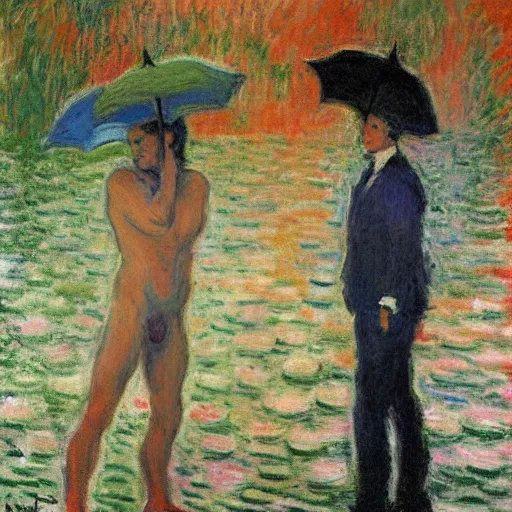 Image similar to gay lovers in 1 9 7 0 by claude monet