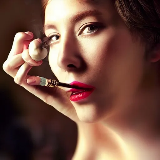 Image similar to the most beautiful woman in the world smoking a pipe. sharp colour photograph. soft lighting. depth of field. trending on artstation.