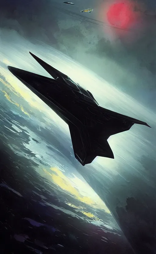 Prompt: a beautiful artwork illustration, concept art sketch of a black spaceship flying close to a planet, volumetric fog, godrays, high contrast, high contrast, high contrast, vibrant colors, vivid colors, high saturation, by Greg Rutkowski and Jesper Ejsing and Raymond Swanland and alena aenami, featured on artstation, wide angle, vertical orientation