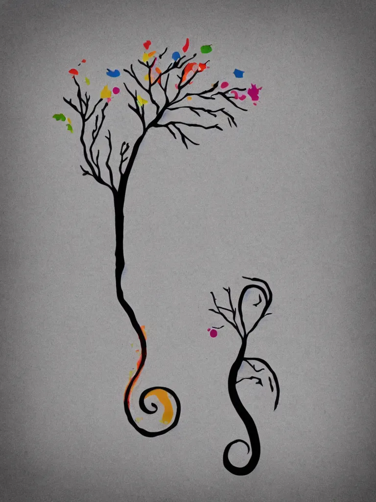 Prompt: centered minimal silhouette art of an acorn growing into a tree in the shape of a treble clef, with a few scars on the tree, bursts of color, inspire and overcome, playful