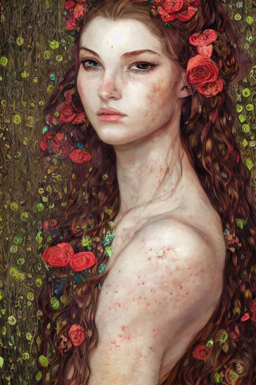 Image similar to portrait of beautiful young mainem, warhammer, cyber style, a lot of more scars, more and more flowers, the middle ages, highly detailed, artstation, illustration, artgerm sylvari portrait, 8 k quality, art by gustav klimt