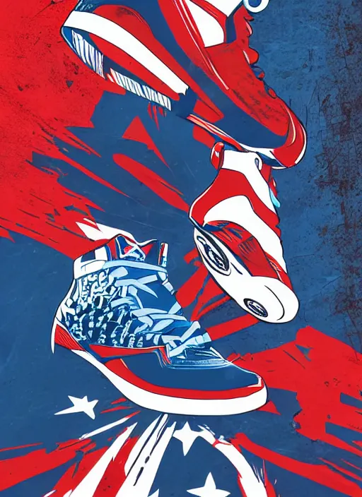 Image similar to basketball sneaker of Captain America, view from the side, comics book cover style