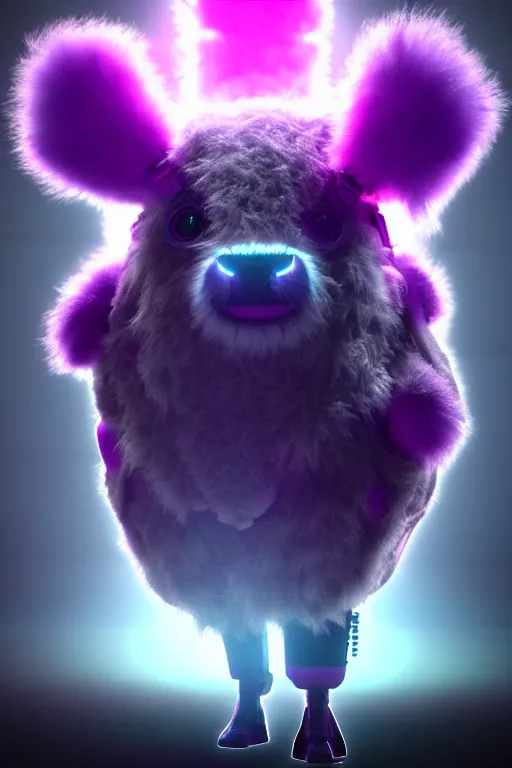 Image similar to high quality 3 d render sci - fi very cute cyberpunk fluffy! cow hybrid!, highly detailed, unreal engine cinematic smooth, in the style of blade runner & detective pikachu, hannah yata charlie immer, purple light, low angle, uhd 8 k, sharp focus