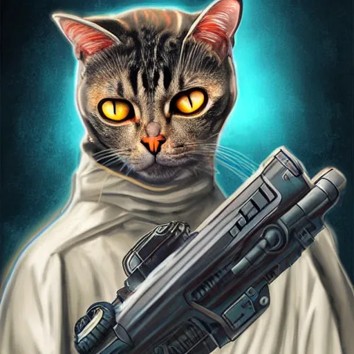 Prompt: portrait, headshot, digital painting, comics style, cyborg cat with gun, art, realistic, hyperdetailed, concept art