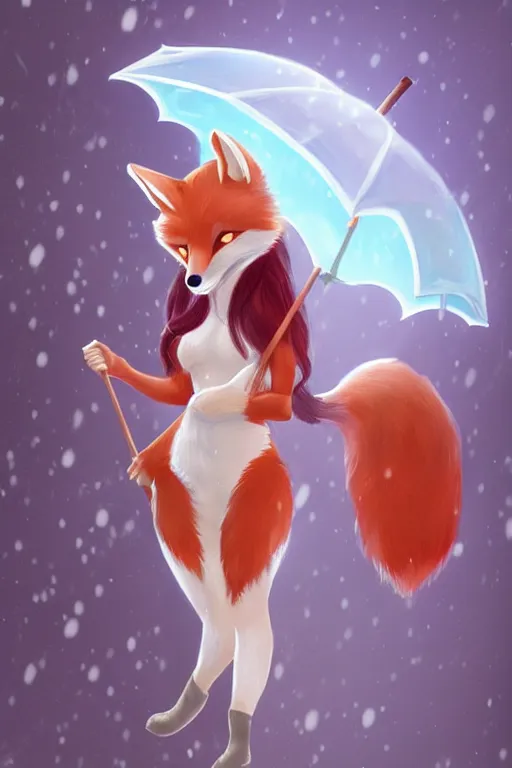 Image similar to a fox princess holding an umbrella, snow, backlighting, trending on artstation, digital art, furry art, trending on furaffinity, fantasy art