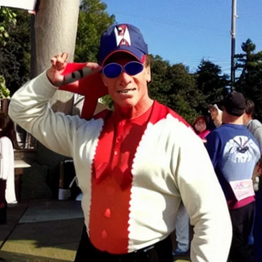 Image similar to Arnold schwarzenegger dressed up as Ash Ketchum, he is a pokemon trainer