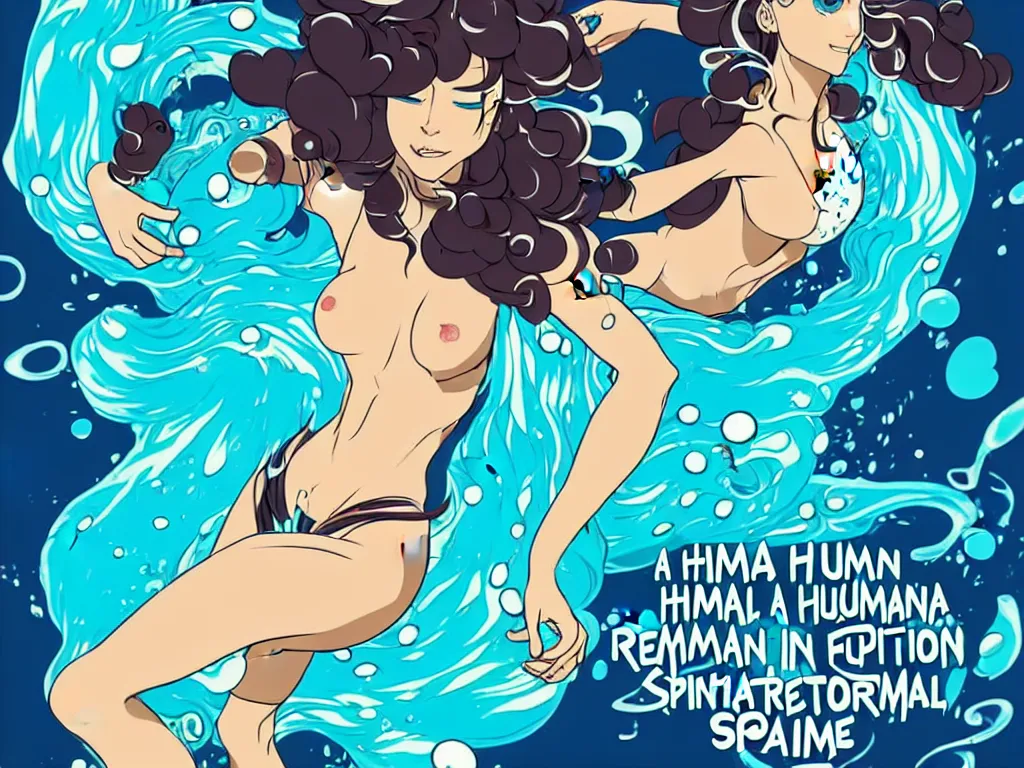 Image similar to a human made of flowing water, a twisting fable of love, hope, redemption but ultimately futility. a blade slices through, gushing curlicues and spattering of liquid reality. a perfection in imperfection, a good time girl, and welcome to hunkorama.