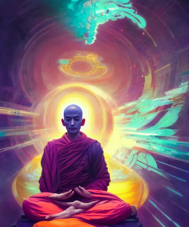 Image similar to a floating monk, meditating, wearing netrunner clothing, vaporwave aesthetic, colorful, psychedelic, digital painting, artstation, concept art, smooth, sharp focus, illustration, art by artgerm and greg rutkowski and alphonse mucha