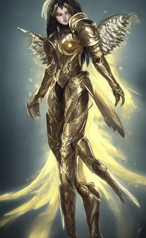 Image similar to Concept art, angel knight girl in golden and silver armor adorned with sapphire gems, artstation trending, cinematic, highly detailded