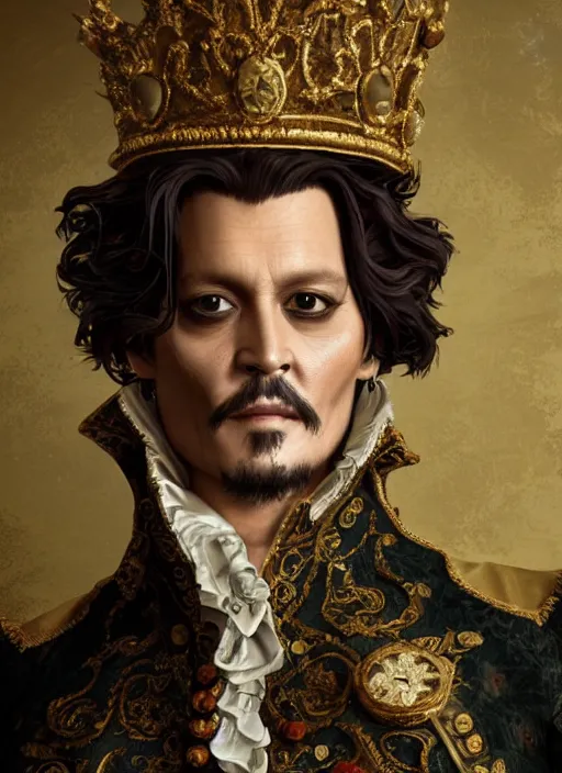 Image similar to johnny depp as king louis xv, hyper detailed, digital art, trending in artstation, cinematic lighting, studio quality, smooth render, unreal engine 5 rendered, octane rendered, art style by klimt and nixeu and ian sprigger and wlop and krenz cushart