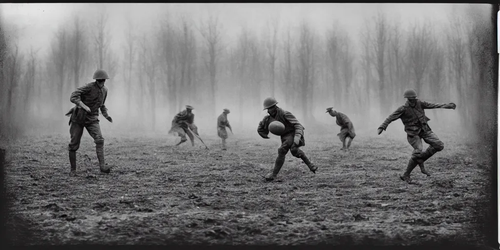 Prompt: detailed medium format photo, polaroid still from tarkovsky movie, erling haaland playing football on a ww 1 battlefield, haze, high production value, intricate details, 8 k resolution, hyperrealistic, hdr, photorealistic, high definition, tehnicolor, award - winning photography, masterpiece, amazing colors