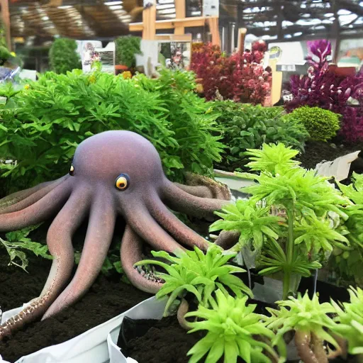 Prompt: an octopus picking out plants at a garden centre, photorealistic