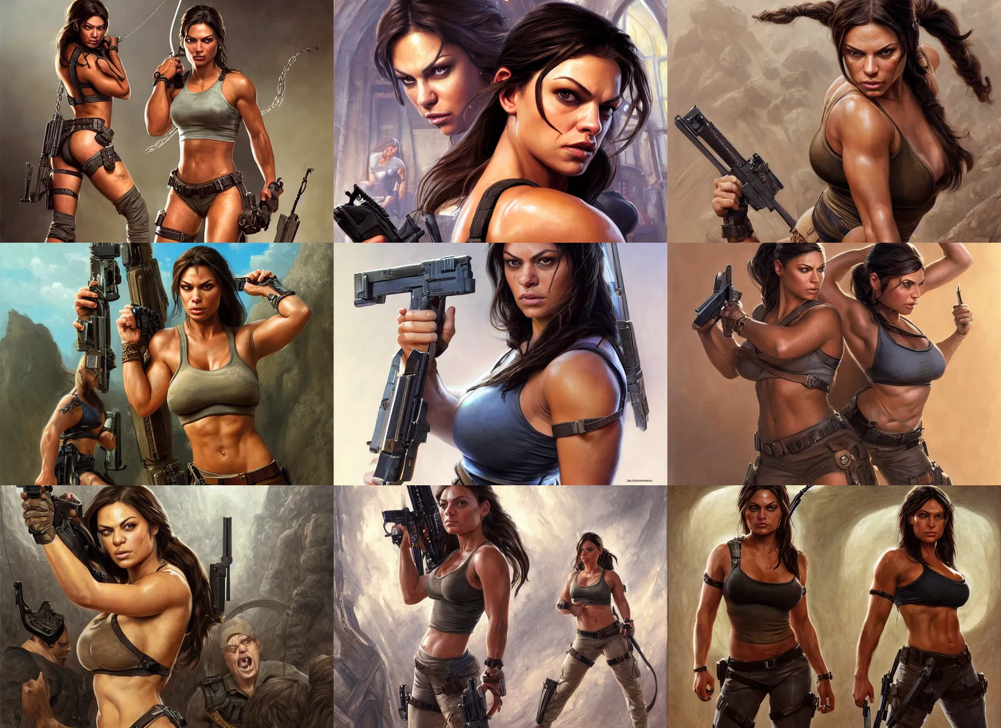 Image similar to portrait of very muscled Mila Kunis as Lara Croft with pistols drawn hiding from a few scary creepy mummies, elegant, highly detailed, centered, digital painting, artstation, concept art, artgerm, donato giancola, Joseph Christian Leyendecker, WLOP, Boris Vallejo, Artgerm