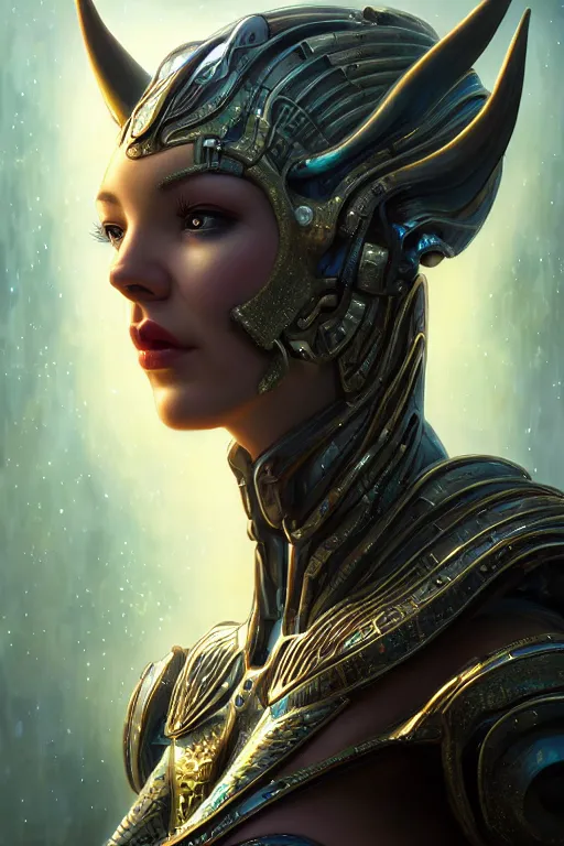 Image similar to portrait of a beautiful female hybrid cyborg atlantean anubis hada elsa jean alien warrior, regal, realistic, refined, detailed, digital art, jessica rossier, michael cheval, esao andrews, steampunk, walt disney ( 1 9 3 7 ), francois boucher, oil painting, highly detailed, cinematic lighting, unreal engine, 8 k, hd