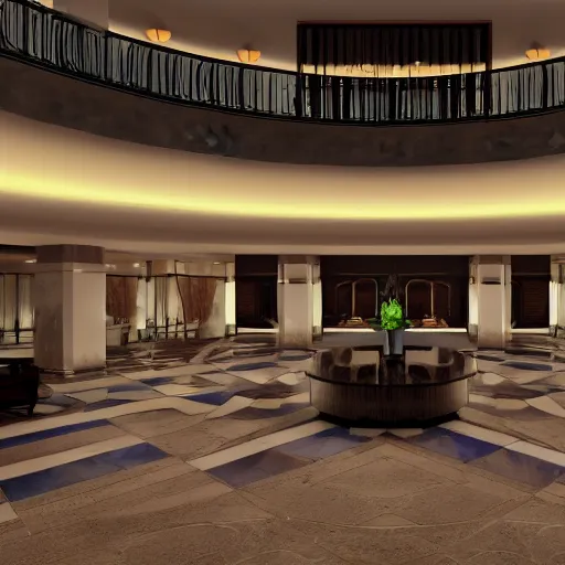 Image similar to wide angle view of an elegant hotel lobby, in the style of cell shaded anime, modern anime style, official anime still