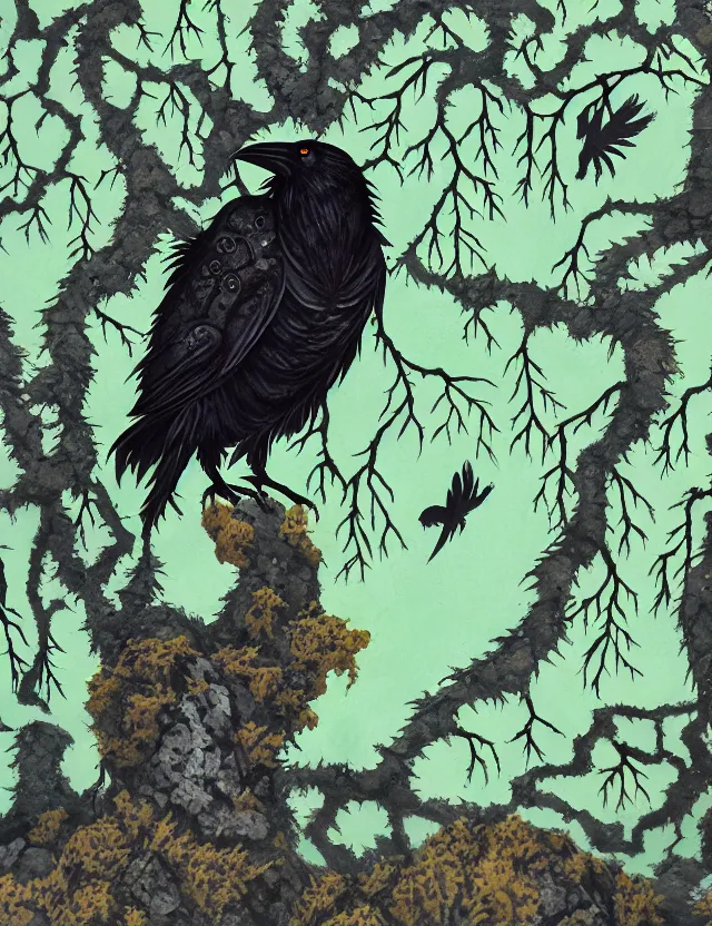 Prompt: raven god in the lichen woods. this gouache painting by the award - winning mangaka has an interesting color scheme, plenty of details and impeccable lighting.