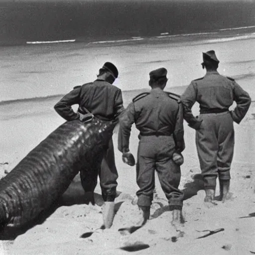 Image similar to 1940s photo, long shot, 5 soldiers looking at a huge creature washed up on a beach