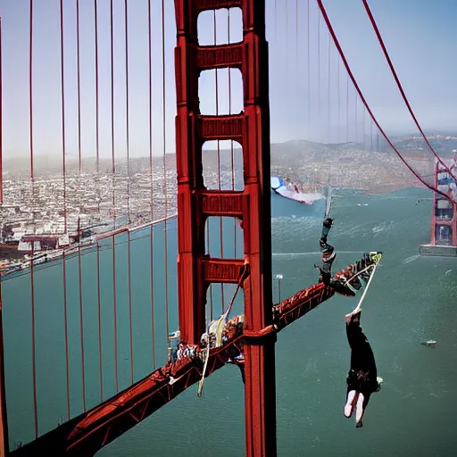 Prompt: national geographic photo of Bill Clinton bungie jumping off golden gate Bridge