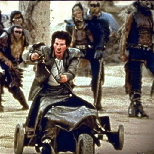 Prompt: The coolest action shot of the lead actor Joe Biden standing on a buggy whirling a leather whip - from the movie Mad Max (1988)