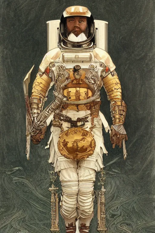 Image similar to a full body art nouveau portrait of a fully armored samurai astronaut bearded man, intricate, elegant, highly detailed, digital painting, artstation, concept art, smooth, sharp focus, illustration, art by John William Waterhouse and William Adolphe Bouguereau and Donato Giancola and Alphonse Mucha