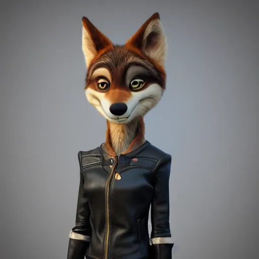 Prompt: portrait, 3d render , anthropomorphic female wolf , wearing a long leather jacket , in the style of Zootopia