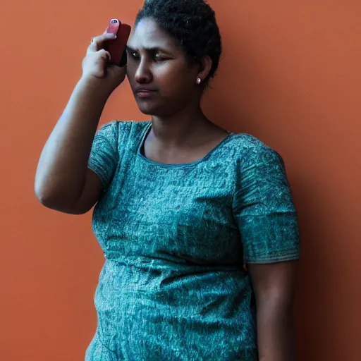 Image similar to trini woman holding a phone but ignoring it, portrait photography