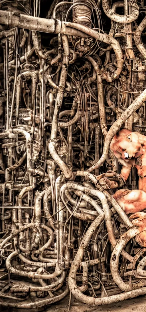 Image similar to body horror of human being consumed by machinery and rusty pipes and wires, scary, horror, 4K, disturbing, weird,