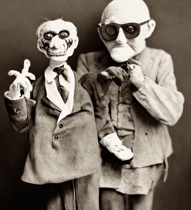 Prompt: hyper realistic old photography of lunatic ventriloquist old man with terrific haunted puppet