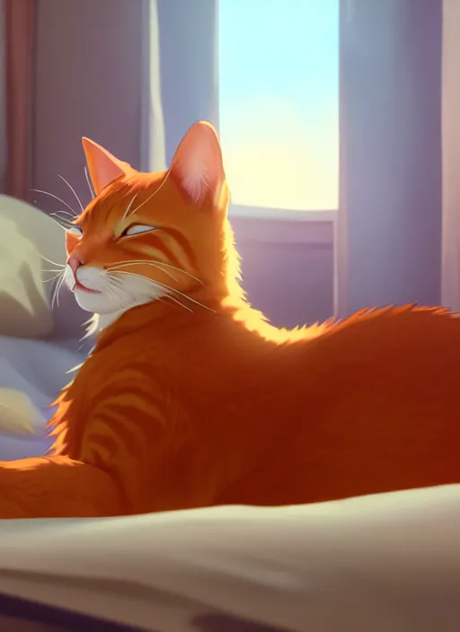 Image similar to a portrait of ginger cat, sleeping in a messy bedroom, sun - rays, studio ghibli, pixar and disney animation, sharp, rendered in unreal engine 5, anime key art by greg rutkowski, bloom, dramatic lighting