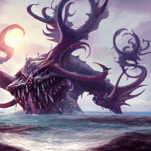 Prompt: water demons take over an island, artstation