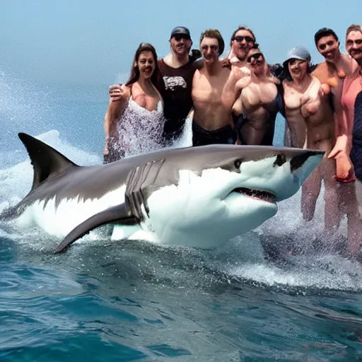Prompt: great - white shark jumping out of the water posing for a photo with people on a boat
