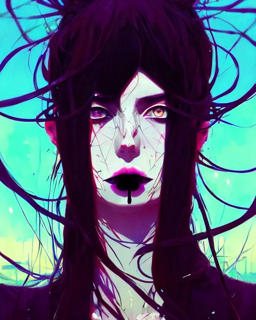 Image similar to close up, captivating, memorable, a ultradetailed beautiful photo of a unique woman wearing a hippy goth outfit standing too too too close, wide eyed staring at you, euphoric, by conrad roset, greg rutkowski and makoto shinkai trending on artstation