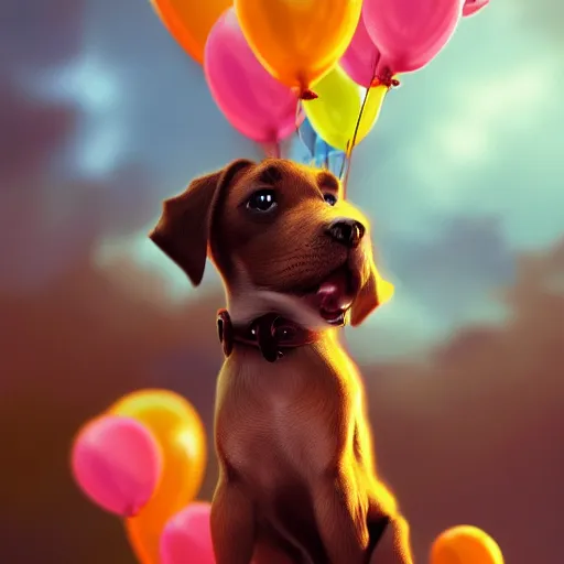 Image similar to puppy flying holding balloons, 8k, fantasy, intricate, cinematic lighting, highly detailed, digital painting, artstation, concept art, smooth, sharp focus, illustration, by Pixar