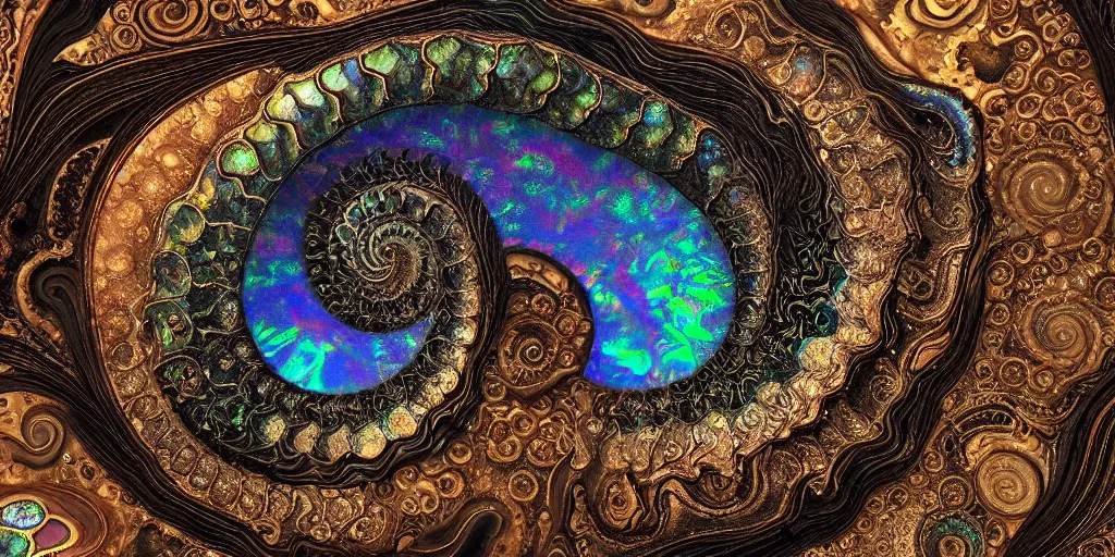 Image similar to art nouveau cresting oil slick waves, ammonite, hyperdetailed bubbles in a shiny iridescent oil slick wave, black opals, ornate copper patina spiral ornament, rococo, organic rippling spirals, hyperdetailed photorealistic ultrasharp octane render