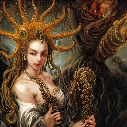 Prompt: lovecraftian cthulhu priestess with tentacles and ornate robes portraiture matte painting by peregrino, tintoretto, van dyke, peter paul rubens, jean baptiste greuze, giovanni battista piazzetta, fayum, diego velazquez trending on artstation, highly detailed,