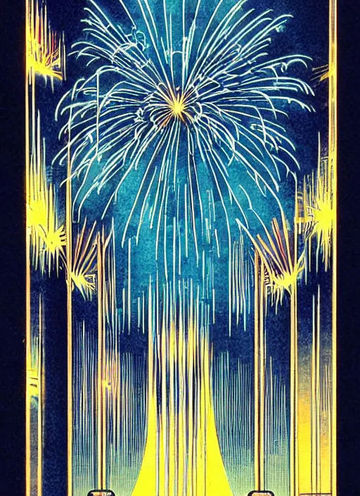 Prompt: a surrealist architectural schematic illustration of fireworks by Seiichi Hayashi, 1920s art deco symmetric chandelier, by Telemaco Signorini, vintage postcard, a vintage anime 70s comic book watercolor by Dean Ellis and by Hiroshi Yoshida