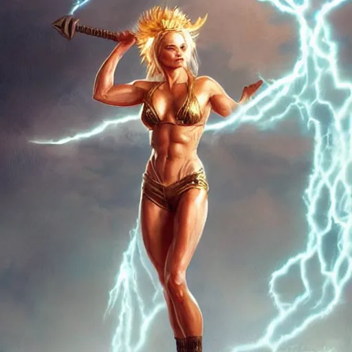 Image similar to pamela anderson as the greek god of lightning, highly detailed, by artgerm and greg rutkowski