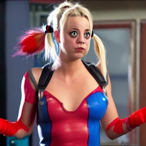 Image similar to A still of Kaley Cuoco as Harley Quinn, comics-accurate outfit