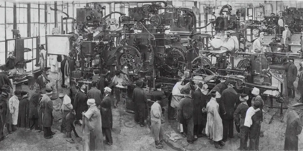 Image similar to people gathered around a machine that makes, 1 9 0 0 s photograph