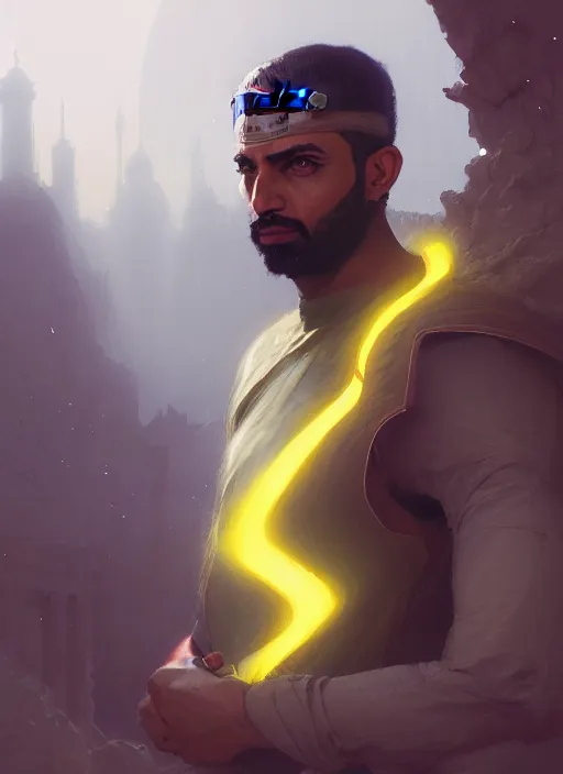 Prompt: highly detailed portrait arab man superhero, fighter, yellow charcoal, stephen bliss, 8 k, unreal engine, fantasy art by greg rutkowski, loish, rhads, ferdinand knab, makoto shinkai and lois van baarle, ilya kuvshinov, rossdraws, tom bagshaw, global illumination, radiant light, detailed and intricate environment