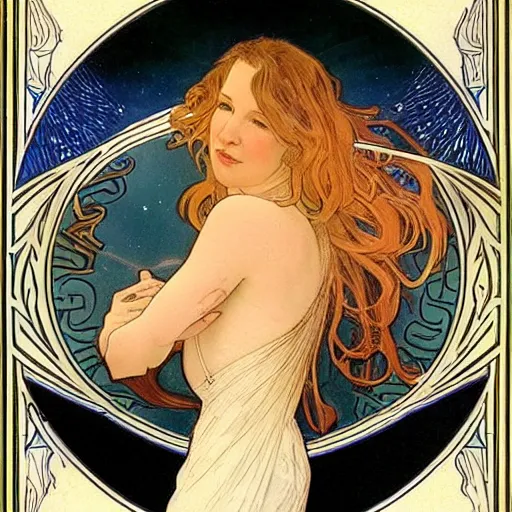 Image similar to renee zellweger portrait by louis - theophile hingre and alphonse mucha, realistic, sharp focus, zodiac signs, tarot cards, planets, ethereal, art nouveau, magic, moon, sun, crown, dreamy, royal, jewellery