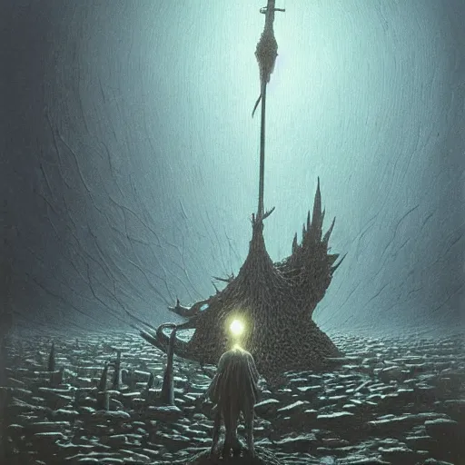 Prompt: patrick star as a dark souls boss by zdzisław beksinski