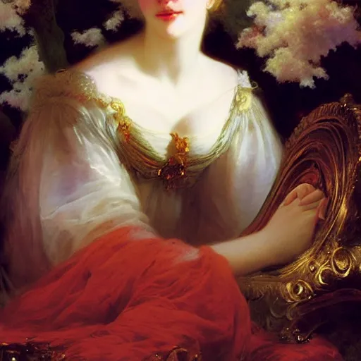 Image similar to blonde beautiful sleeping princess by Franz Xaver Winterhalter and Delphin Enjolras and Rebecca Guay