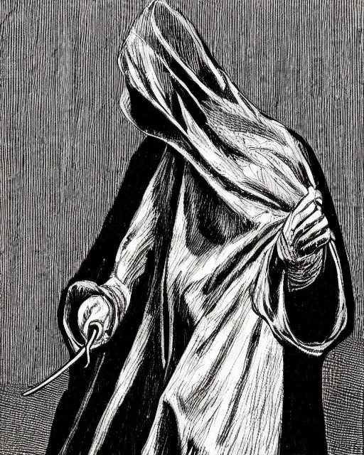 Image similar to a man in black hooded robes holding a plague doctor mask in hand, detailed art by greg rukowtski