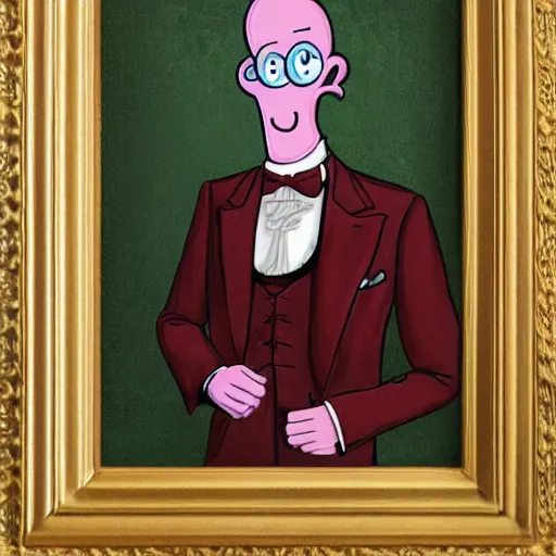 Image similar to handsome squidward, wearing an ornate suit, portrait style painting