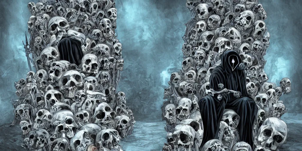 Image similar to Grim reaper sitting on a throne made of skulls, wide shot, digital art, fantasy, concept art, highly detailed, dark colors, blue tint,