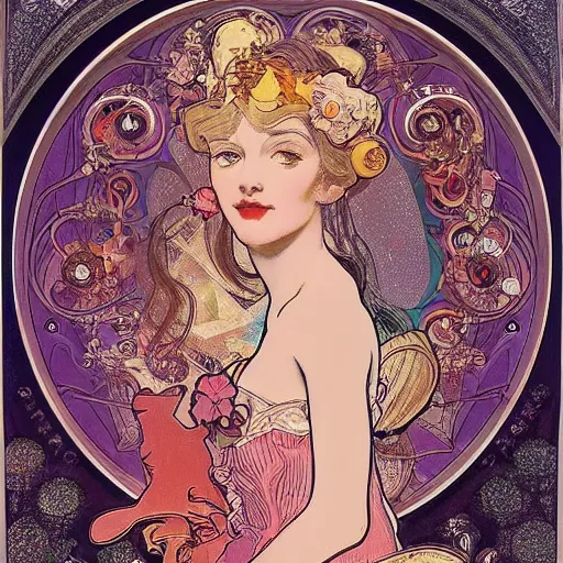 Image similar to Alice in Wonderland,Diamonds Blaze,Rose twining,luxuriant,dreamy, eternity, romantic,highly detailed,in the style of Alphonse Maria Mucha, highly detailed,night lighting