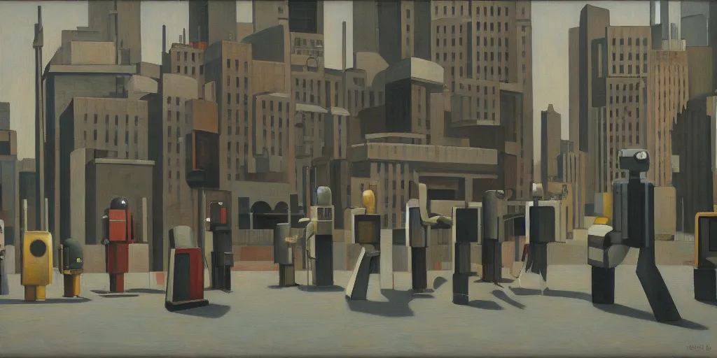 Image similar to robots queue up in a stark brutalist town, street elevation, grant wood, pj crook, edward hopper, oil on canvas