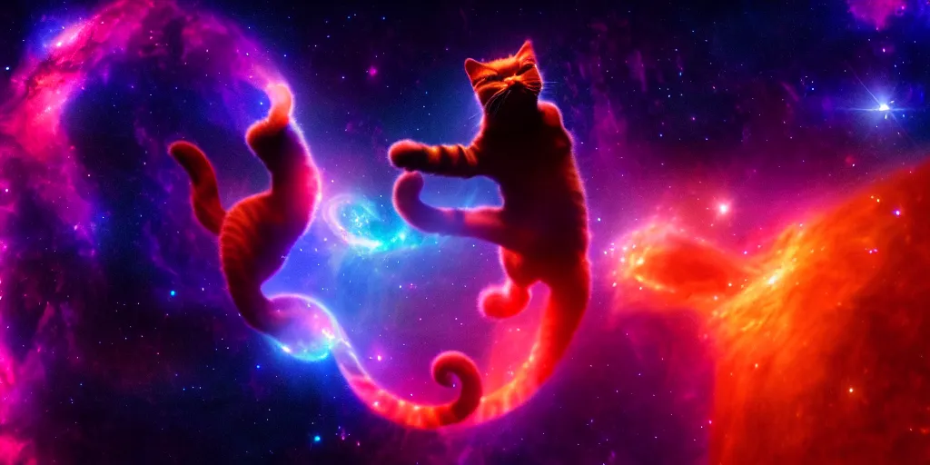 Prompt: 8 k uhd poser, redshift render of a dancing cosmic cat posing as shiva the destroyer, background stars an nebulae, volumetric lighting