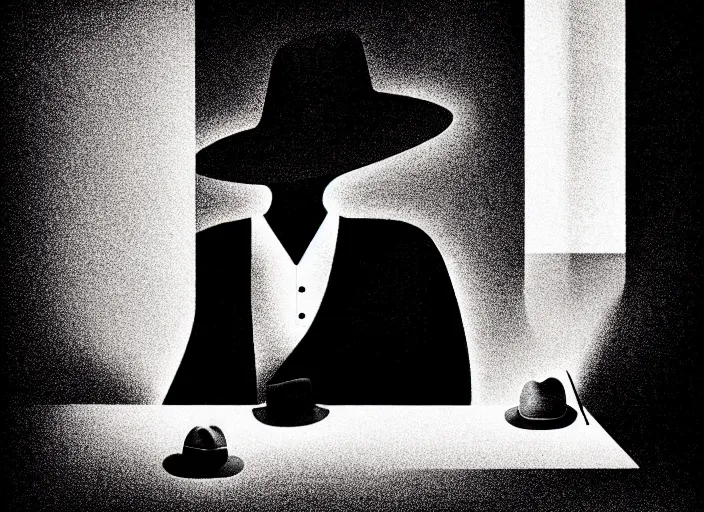 Image similar to (((detective in a hat interogating a suspect at a table))), colorful,bauhaus, Mads Berg, Karolis Strautniekas,small finely stippled light, dramatic lighting,fine texutre, editorial illustration, detailed, matte print, dynamic composition,moody, cinematic, film grain